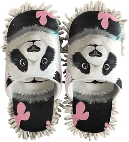 FLildon Microfiber Panda Pink Mop Slippers for US Size M Washable Floor Cleaning Shoes Soft Comfortable Home Use