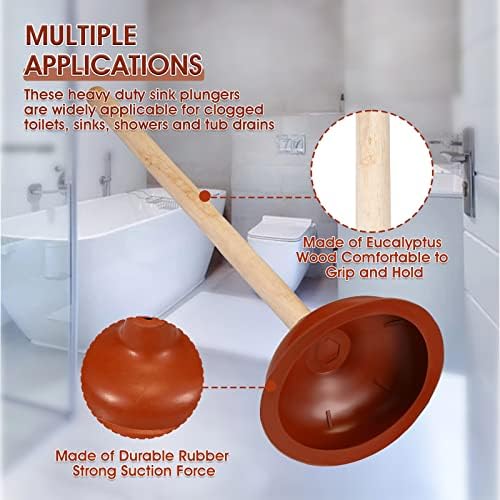 6 Pcs Lallisa Toilet Plungers with 18 Inch Wooden Handle Suction Cup for Clogged Toilets Sinks