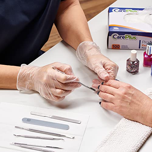 Care Plus Medium Size Disposable Vinyl Gloves 100 Count - Heavy Duty Powder Free Non Sterile