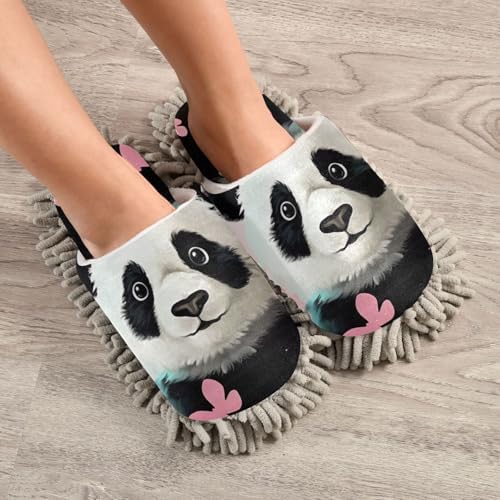 FLildon Microfiber Panda Pink Mop Slippers for US Size M Washable Floor Cleaning Shoes Soft Comfortable Home Use