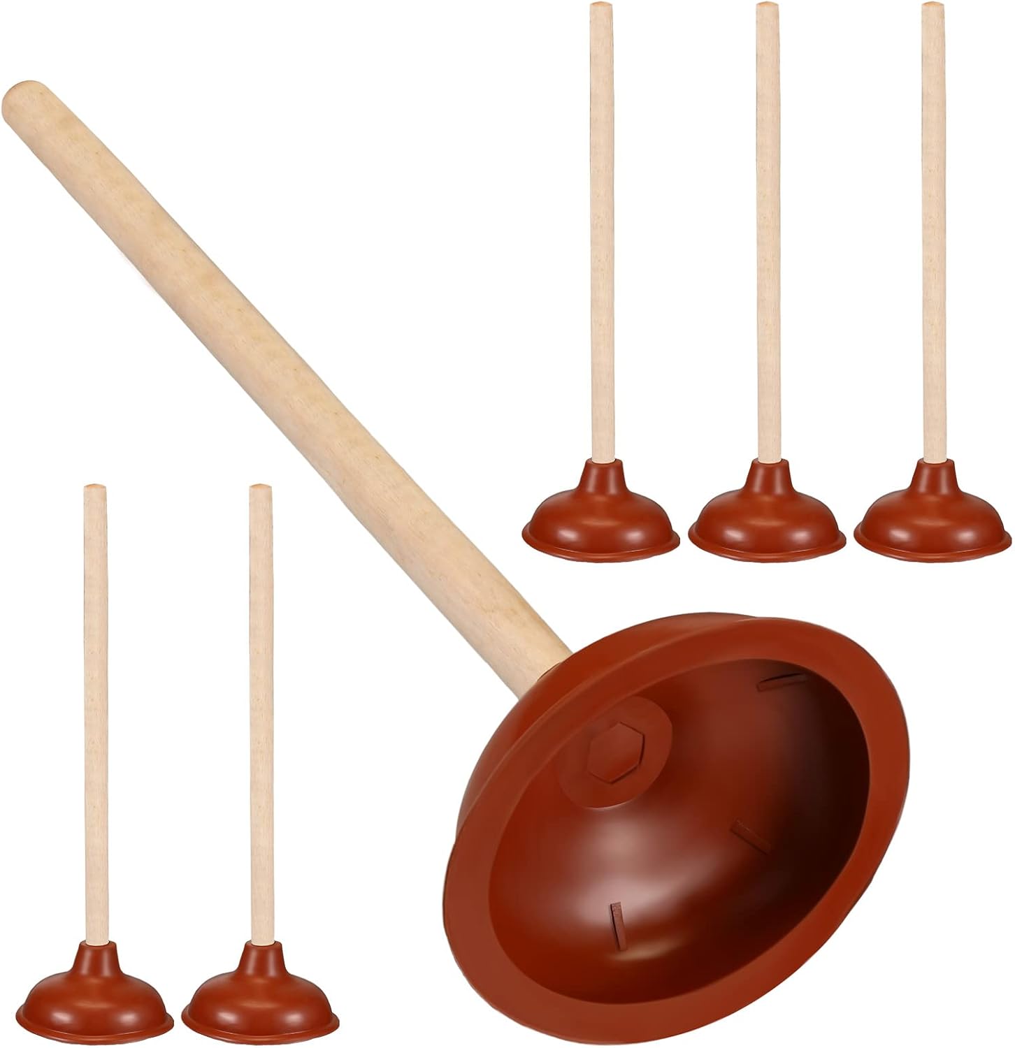 6 Pcs Lallisa Toilet Plungers with 18 Inch Wooden Handle Suction Cup for Clogged Toilets Sinks