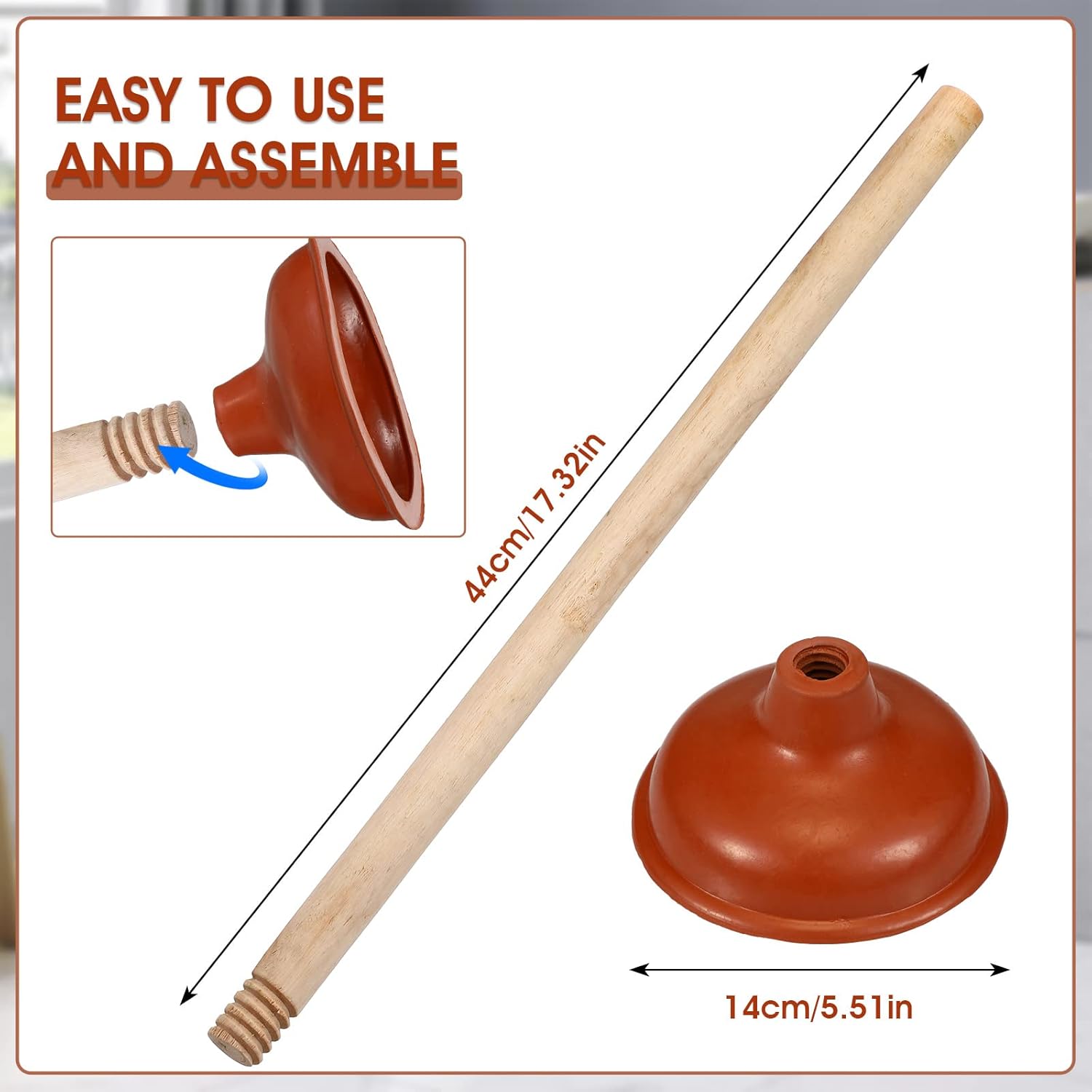 6 Pcs Lallisa Toilet Plungers with 18 Inch Wooden Handle Suction Cup for Clogged Toilets Sinks