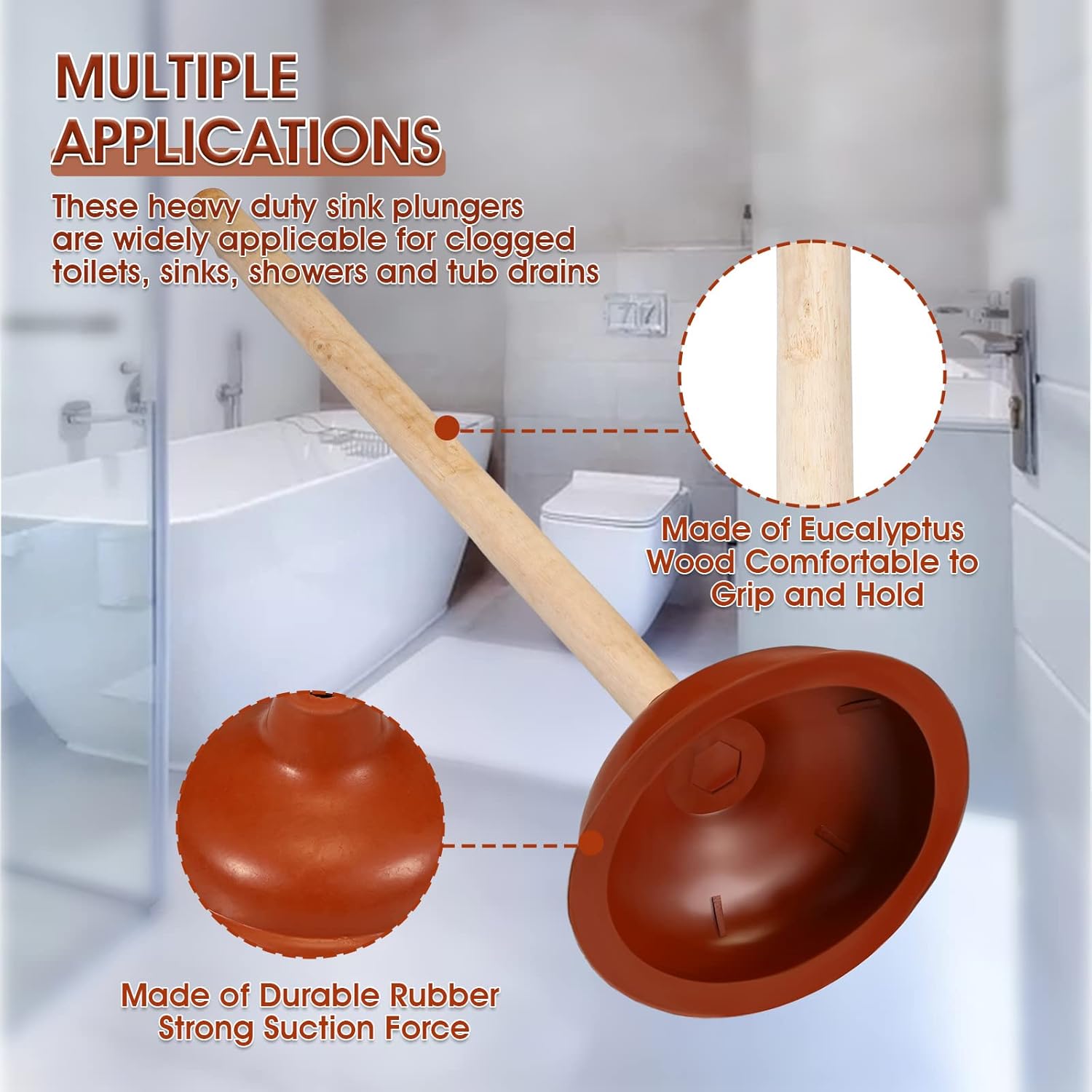 6 Pcs Lallisa Toilet Plungers with 18 Inch Wooden Handle Suction Cup for Clogged Toilets Sinks
