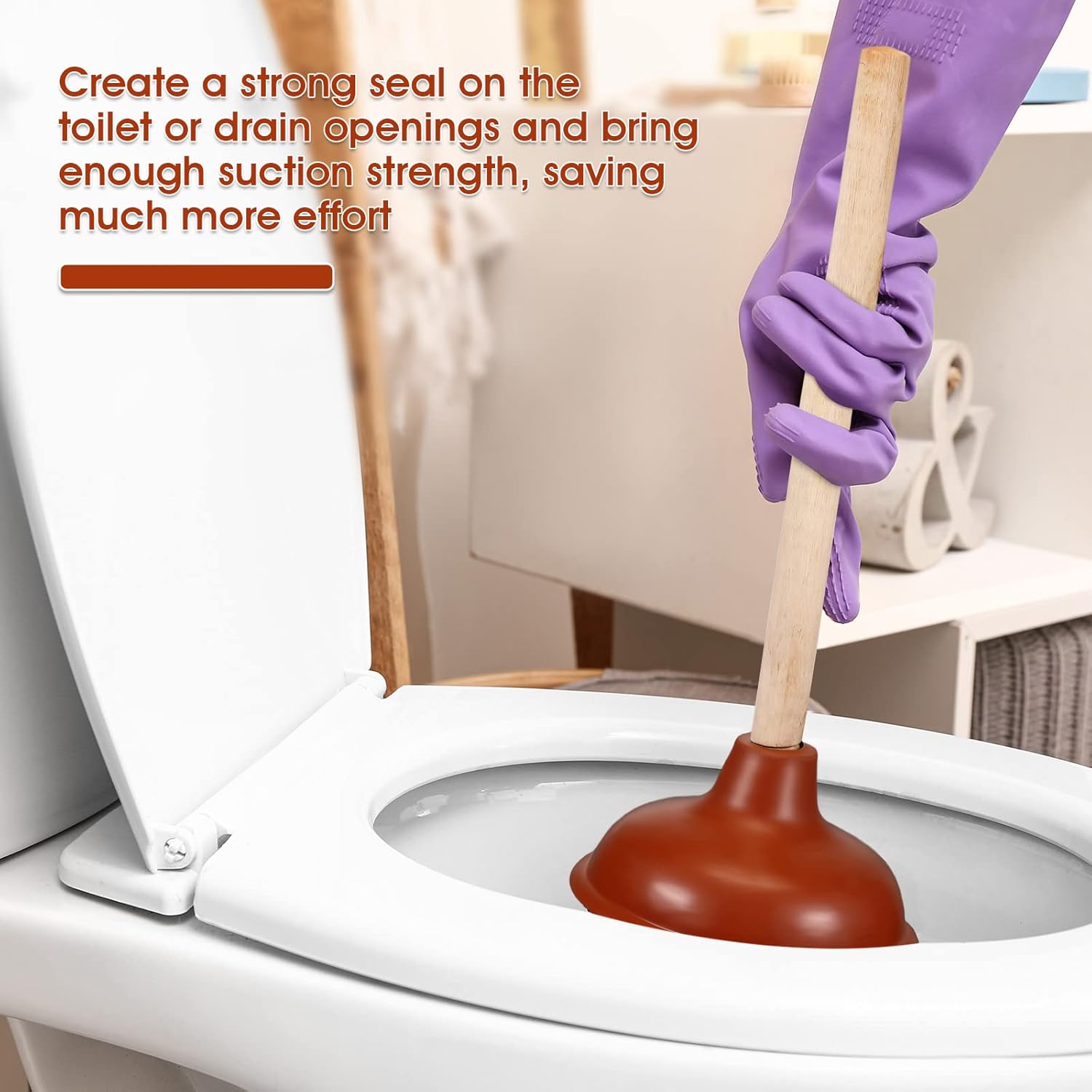 6 Pcs Lallisa Toilet Plungers with 18 Inch Wooden Handle Suction Cup for Clogged Toilets Sinks