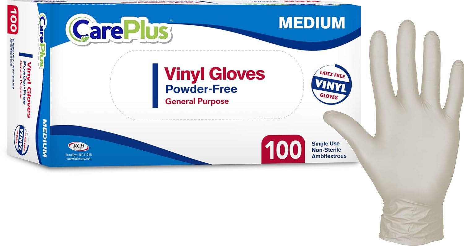 Care Plus Medium Size Disposable Vinyl Gloves 100 Count - Heavy Duty Powder Free Non Sterile