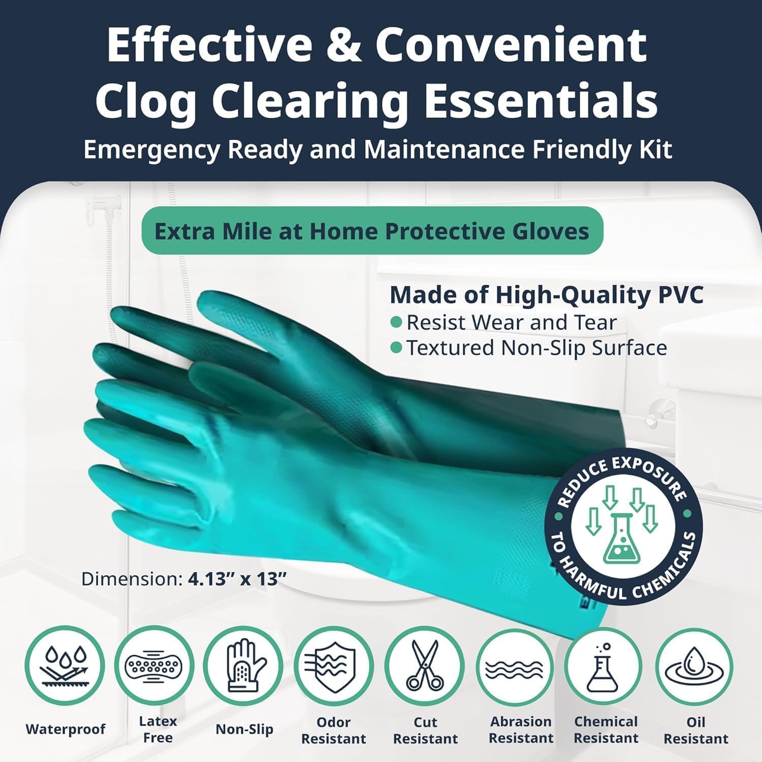 Extra Mile at Home Drain Cleaner Kit - Includes 20oz Chemicals with Durable Gloves for Efficient Sinks Tubs and Drains