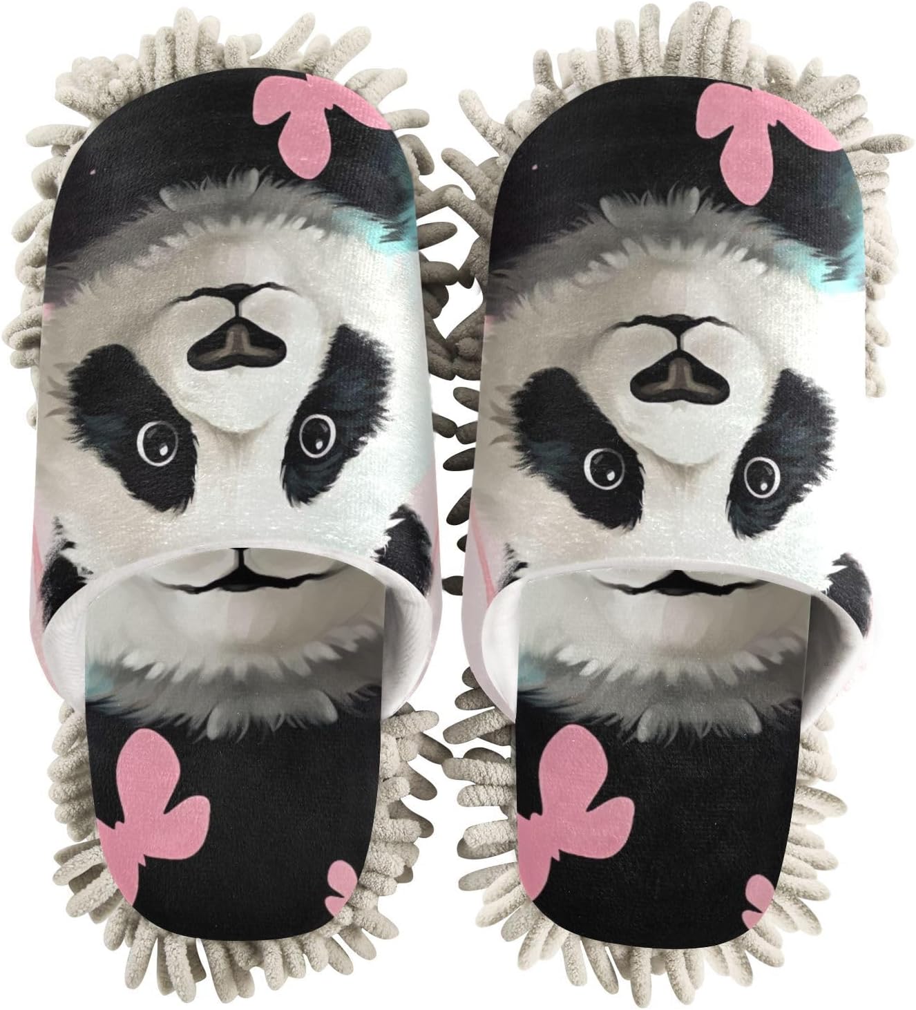 FLildon Microfiber Panda Pink Mop Slippers for US Size M Washable Floor Cleaning Shoes Soft Comfortable Home Use