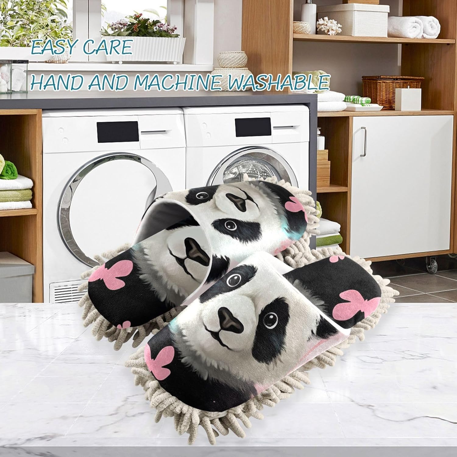 FLildon Microfiber Panda Pink Mop Slippers for US Size M Washable Floor Cleaning Shoes Soft Comfortable Home Use
