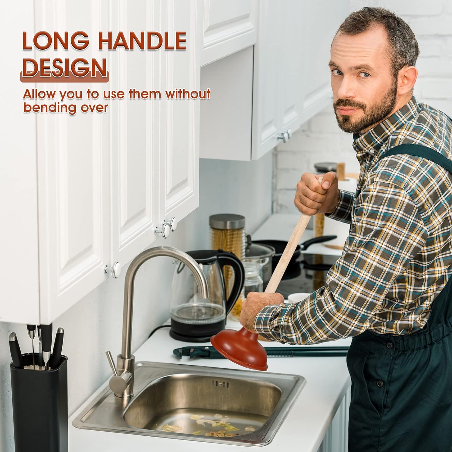 6 Pcs Lallisa Toilet Plungers with 18 Inch Wooden Handle Suction Cup for Clogged Toilets Sinks