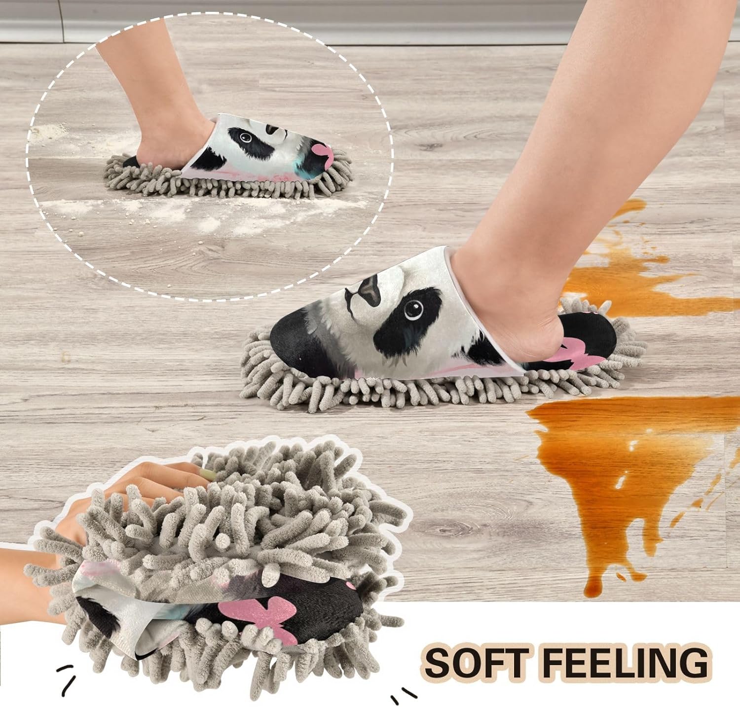 FLildon Microfiber Panda Pink Mop Slippers for US Size M Washable Floor Cleaning Shoes Soft Comfortable Home Use
